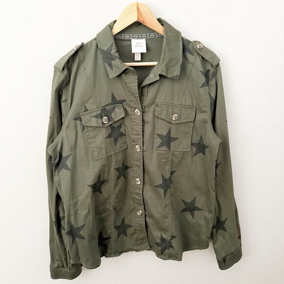 KNOX ROSE | Olive Army Green Star Print Button Front Utility Jacket Shacket | XL - Picture 2 of 8